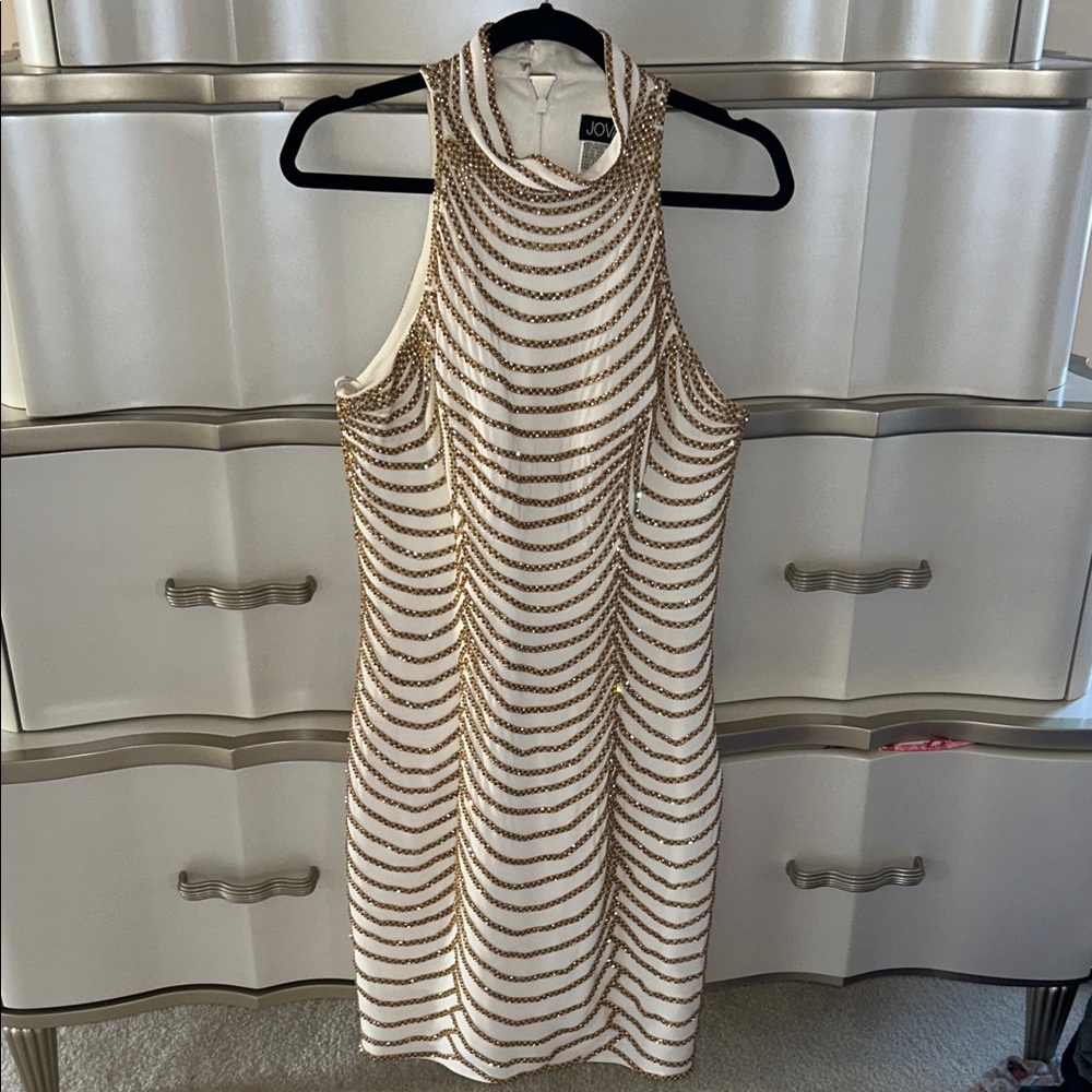 Jovani Gold and Cream Wave Mini Dress